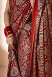 Red Modal Silk Ajrakh Hand Block Printed Saree
