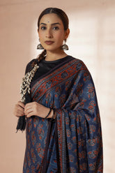 Blue Modal Silk Ajrakh Hand Block Printed Saree