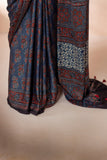 Blue Modal Silk Ajrakh Hand Block Printed Saree