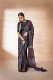 Blue Modal Silk Ajrakh Hand Block Printed Saree