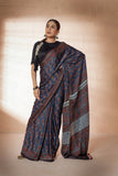 Blue Modal Silk Ajrakh Hand Block Printed Saree