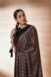 Black/Maroon Modal Silk Ajrakh Hand Block Zig Zag Printed Saree
