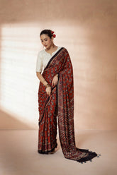 Maroon Modal Silk Ajrakh Hand Block Printed Saree