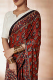 Maroon Modal Silk Ajrakh Hand Block Printed Saree