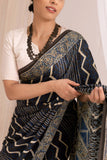 Indigo Modal Silk Ajrakh Hand Block Printed Saree