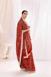 Red Modal Handworked Silk Ajrakh Hand Block Printed Saree with Hand Embroidery