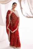 Red Modal Handworked Silk Ajrakh Hand Block Printed Saree with Hand Embroidery