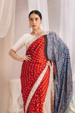 Red/Blue Handworked Modal Silk Bandhej Saree with Ajrakh Hand Block Pallu