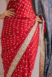 Red/Blue Handworked Modal Silk Bandhej Saree with Ajrakh Hand Block Pallu