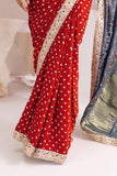 Red/Blue Handworked Modal Silk Bandhej Saree with Ajrakh Hand Block Pallu
