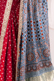 Red/Blue Handworked Modal Silk Bandhej Saree with Ajrakh Hand Block Pallu