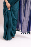 Pure Mul Cotton Handloom Contrast Color Pallu Saree - Rama Green/Blue