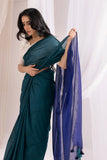 Pure Mul Cotton Handloom Contrast Color Pallu Saree - Rama Green/Blue