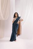 Pure Mul Cotton Handloom Contrast Color Pallu Saree - Navy Blue/Russet Brown