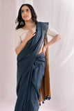 Pure Mul Cotton Handloom Contrast Color Pallu Saree - Navy Blue/Russet Brown
