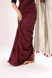Pure Mul Cotton Handloom Contrast Color Pallu Saree - Maroon/Dull Brown