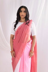 Pure Mul Cotton Handloom Contrast Color Pallu Saree - Red/Pink/White