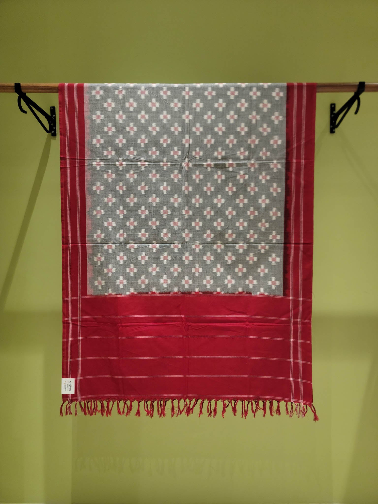Pure Cotton Ikat Handloom Dupatta - Red/Grey - Vastra Raag