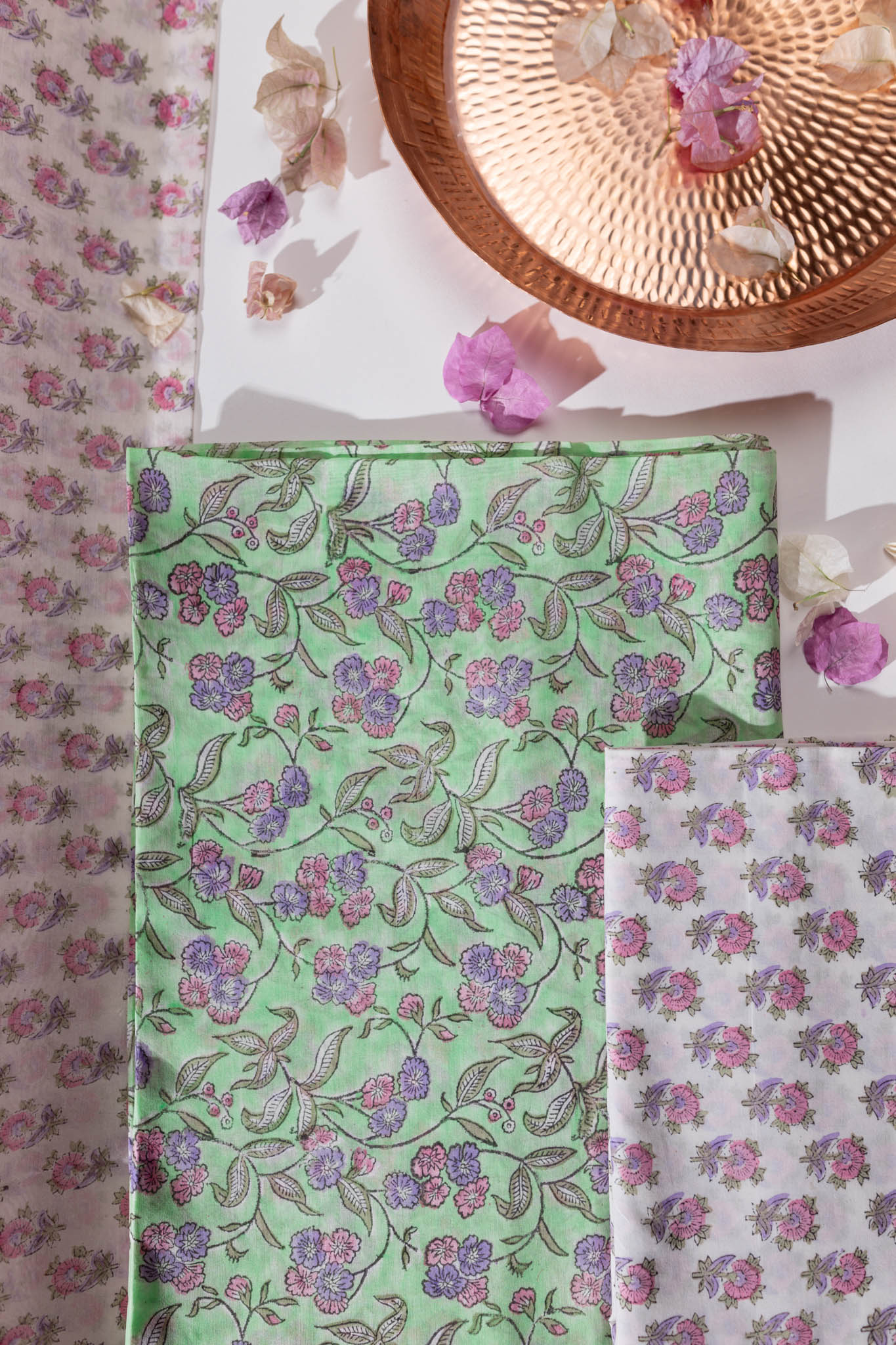 Pure Chanderi Silk Hand Block Printed 3 PC Suit - Green/Pink - Vastra Raag