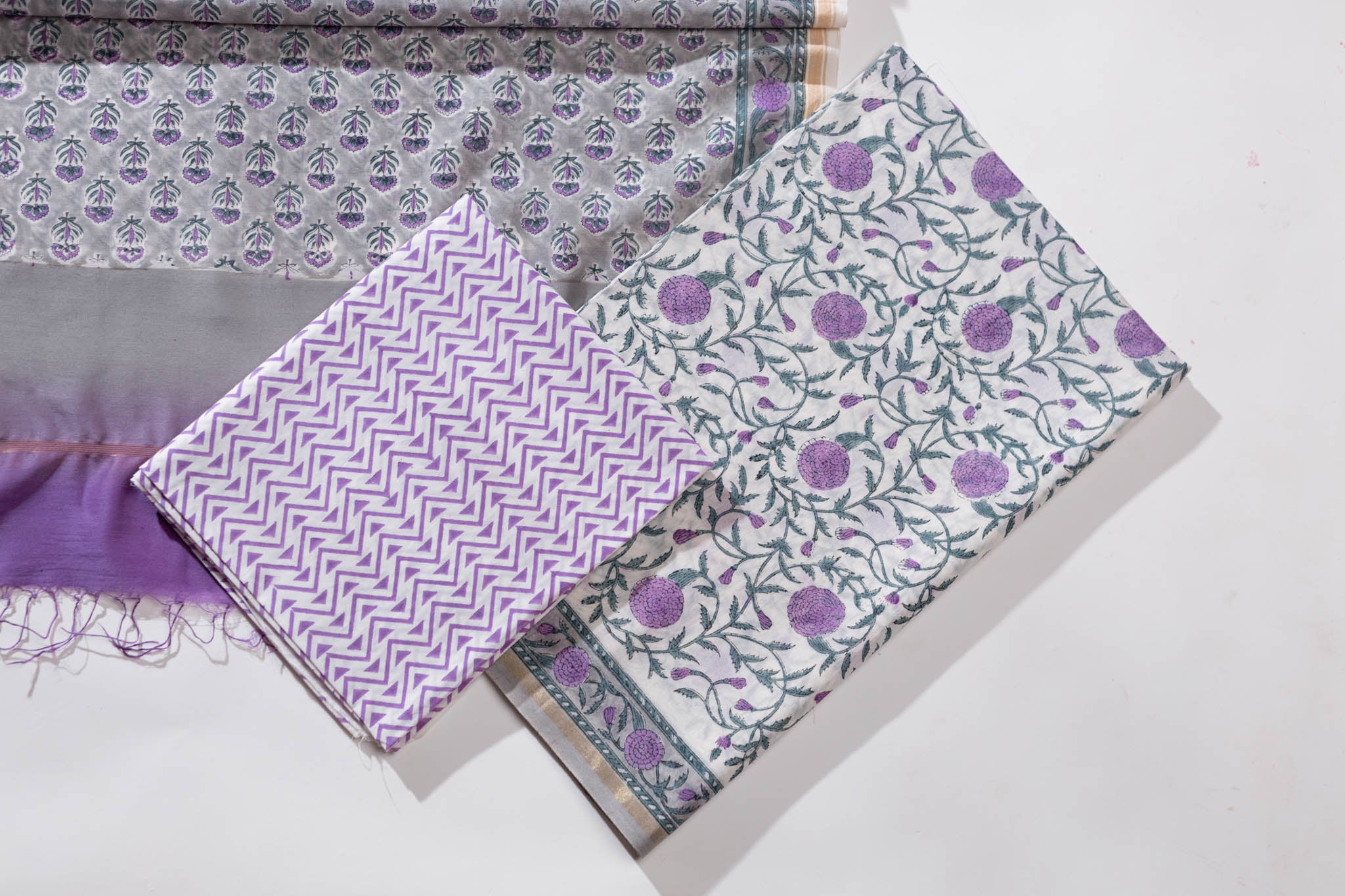 Pure Chanderi Silk Hand Block Printed 3 PC Suit - Opal Pink/Sacramento Green - Vastra Raag