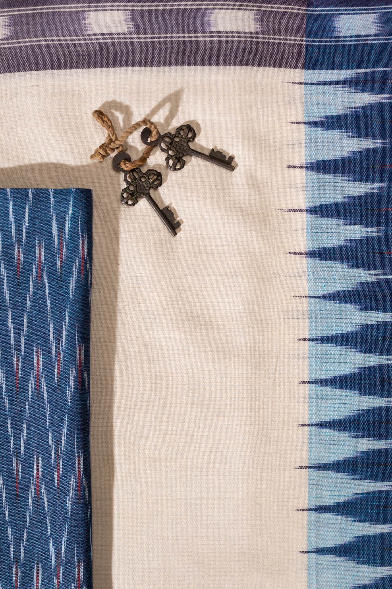 Pure Cotton Ikat Weaved 3 Piece Suit Piece - Teal/Ivory - Vastra Raag