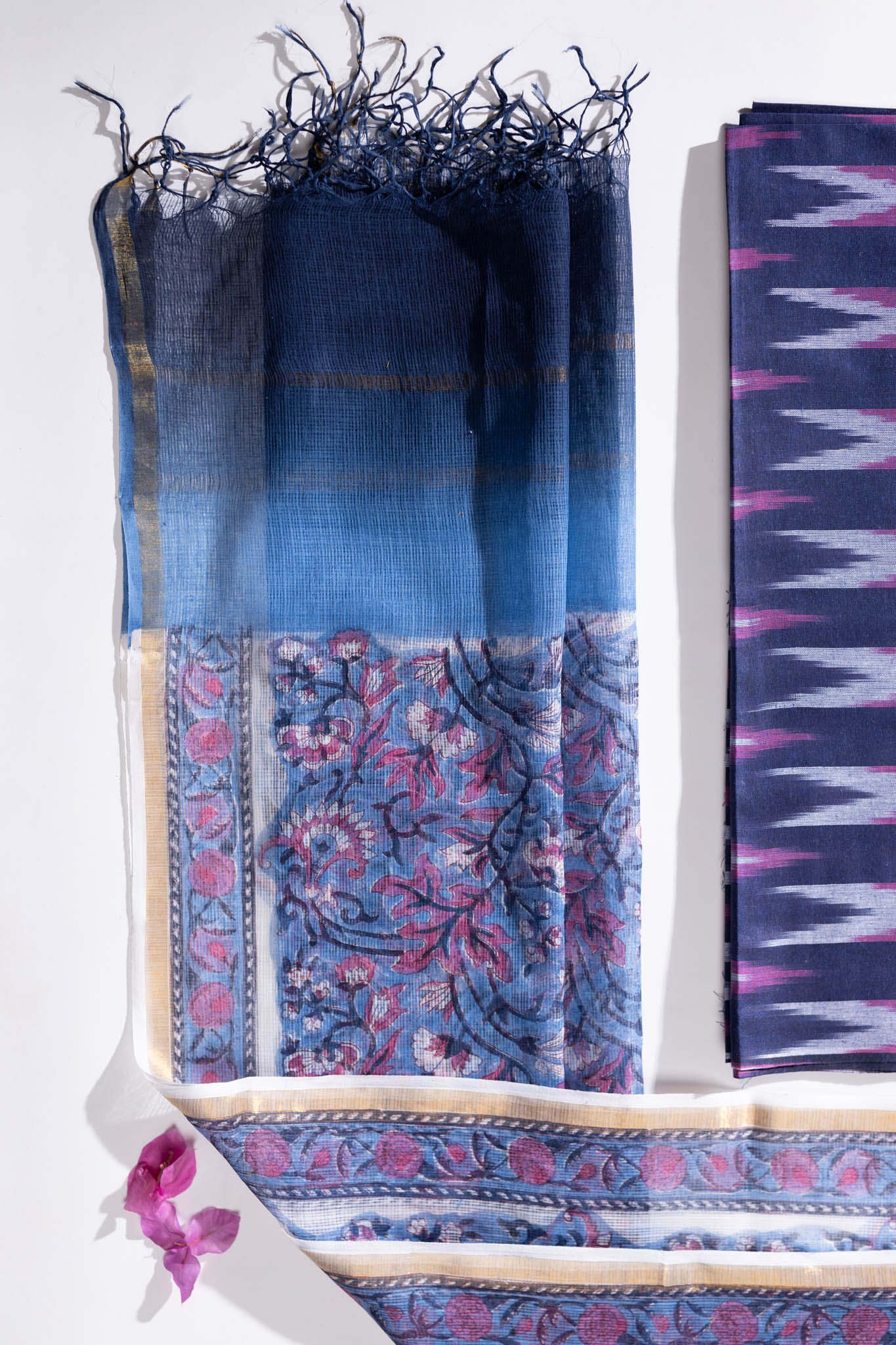 Pure Cotton Ikat Weaved Hand Block Printed 3 PC Suit with Kota Doria Dupatta - Indigo Blue - Vastra Raag