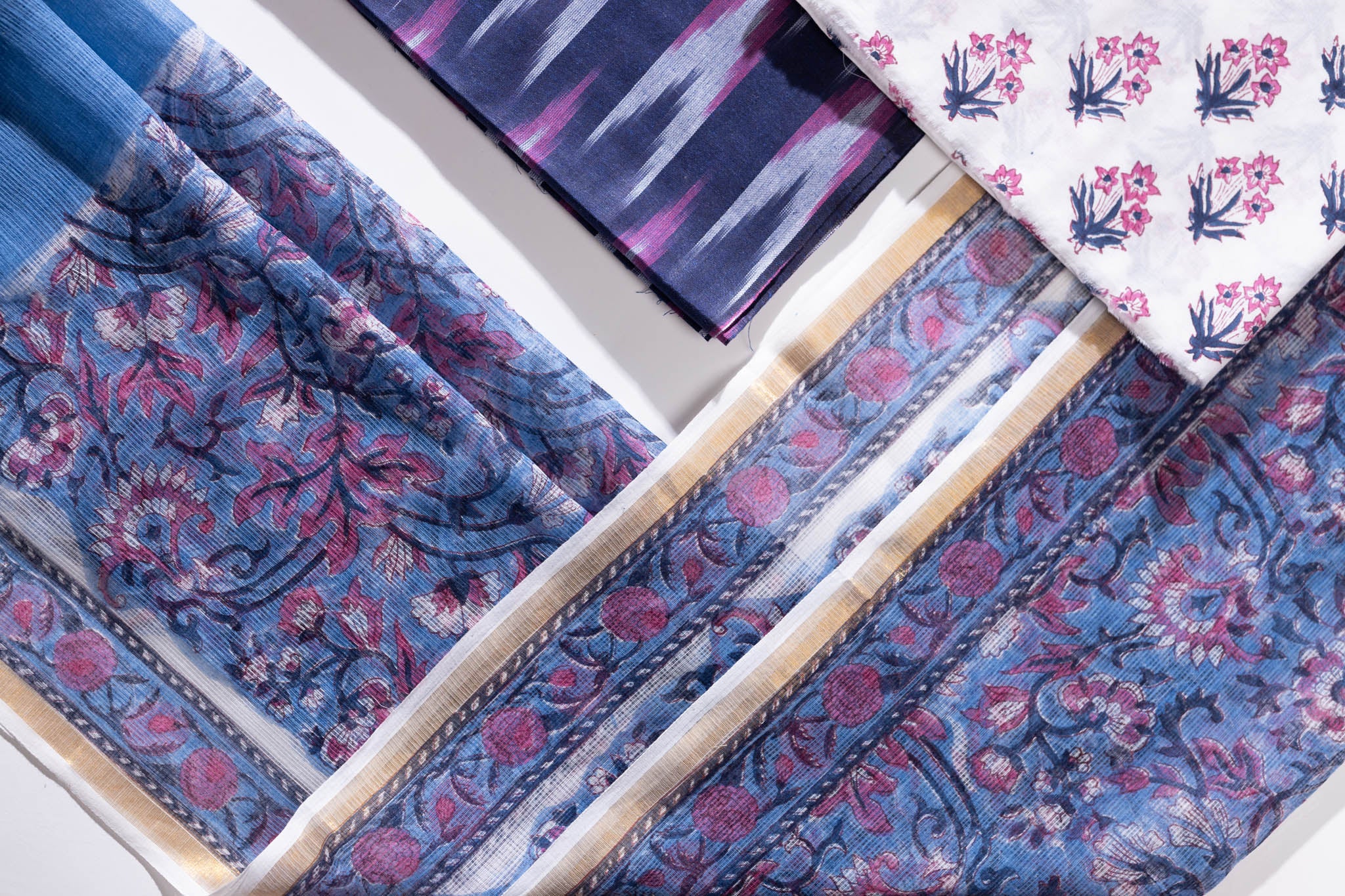 Pure Cotton Ikat Weaved Hand Block Printed 3 PC Suit with Kota Doria Dupatta - Indigo Blue - Vastra Raag