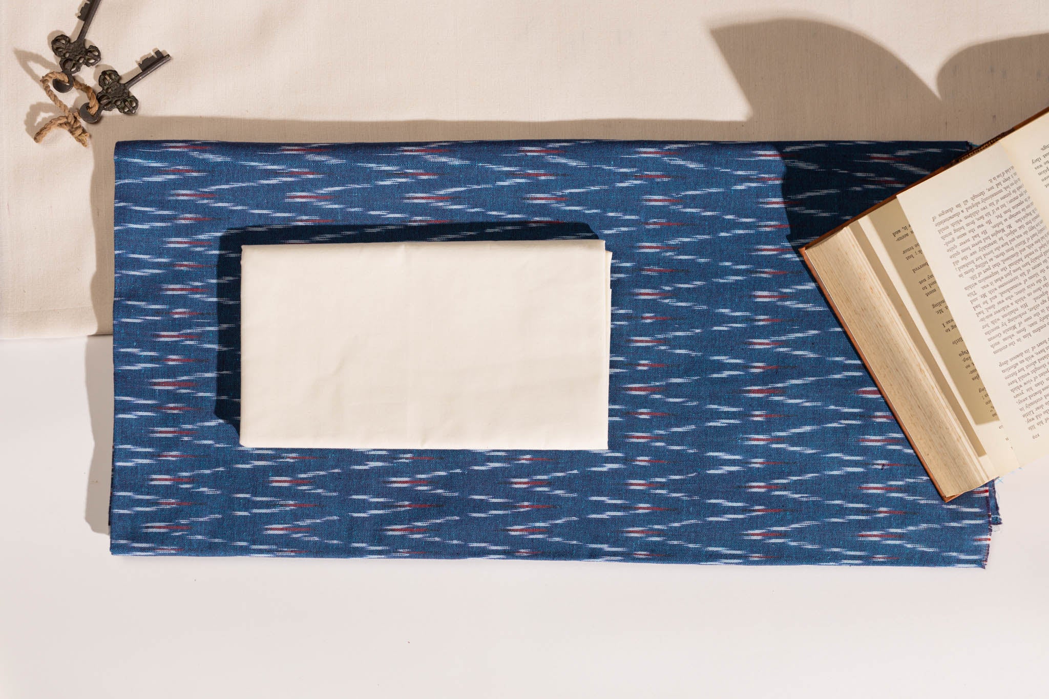 Pure Cotton Ikat Weaved 3 Piece Suit Piece - Teal/Ivory - Vastra Raag