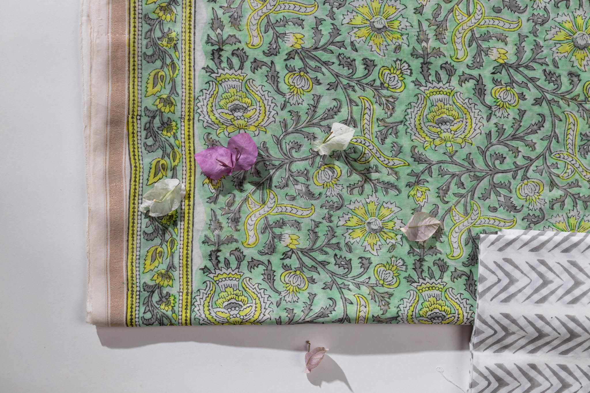 Pure Chanderi Silk Hand Block Printed 3 PC Suit - Green/Yellow - Vastra Raag