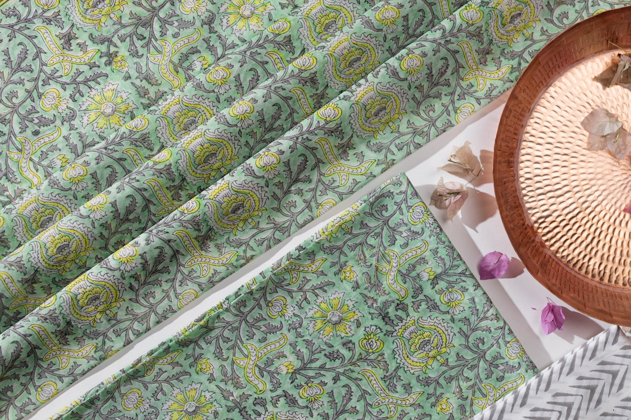 Pure Chanderi Silk Hand Block Printed 3 PC Suit - Green/Yellow - Vastra Raag