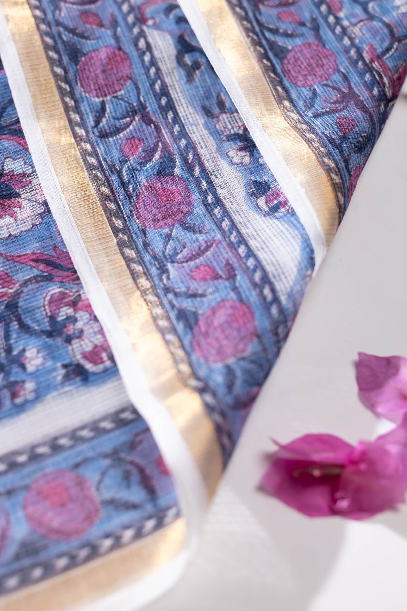 Pure Cotton Ikat Weaved Hand Block Printed 3 PC Suit with Kota Doria Dupatta - Indigo Blue - Vastra Raag