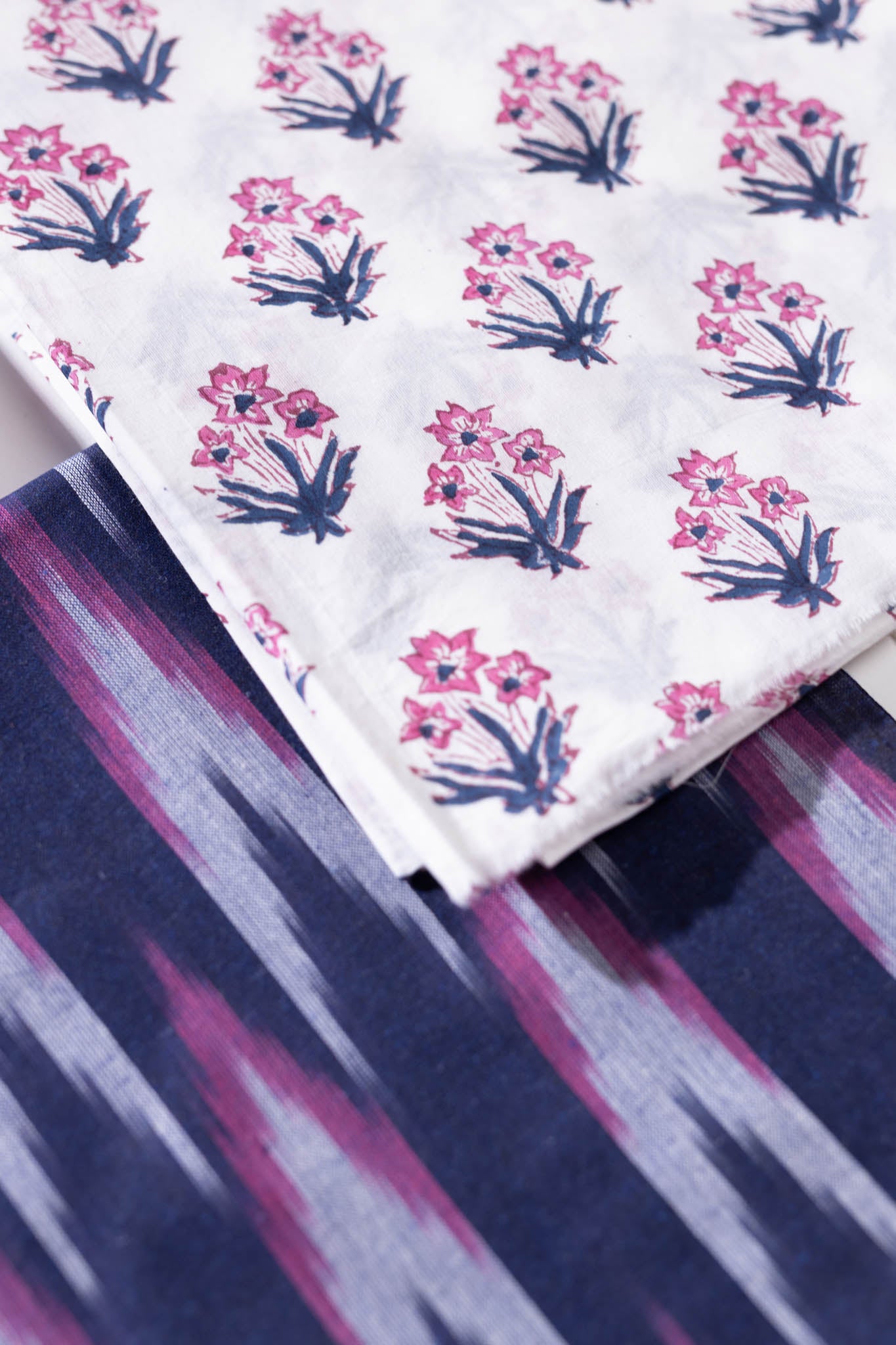 Pure Cotton Ikat Weaved Hand Block Printed 3 PC Suit with Kota Doria Dupatta - Indigo Blue - Vastra Raag