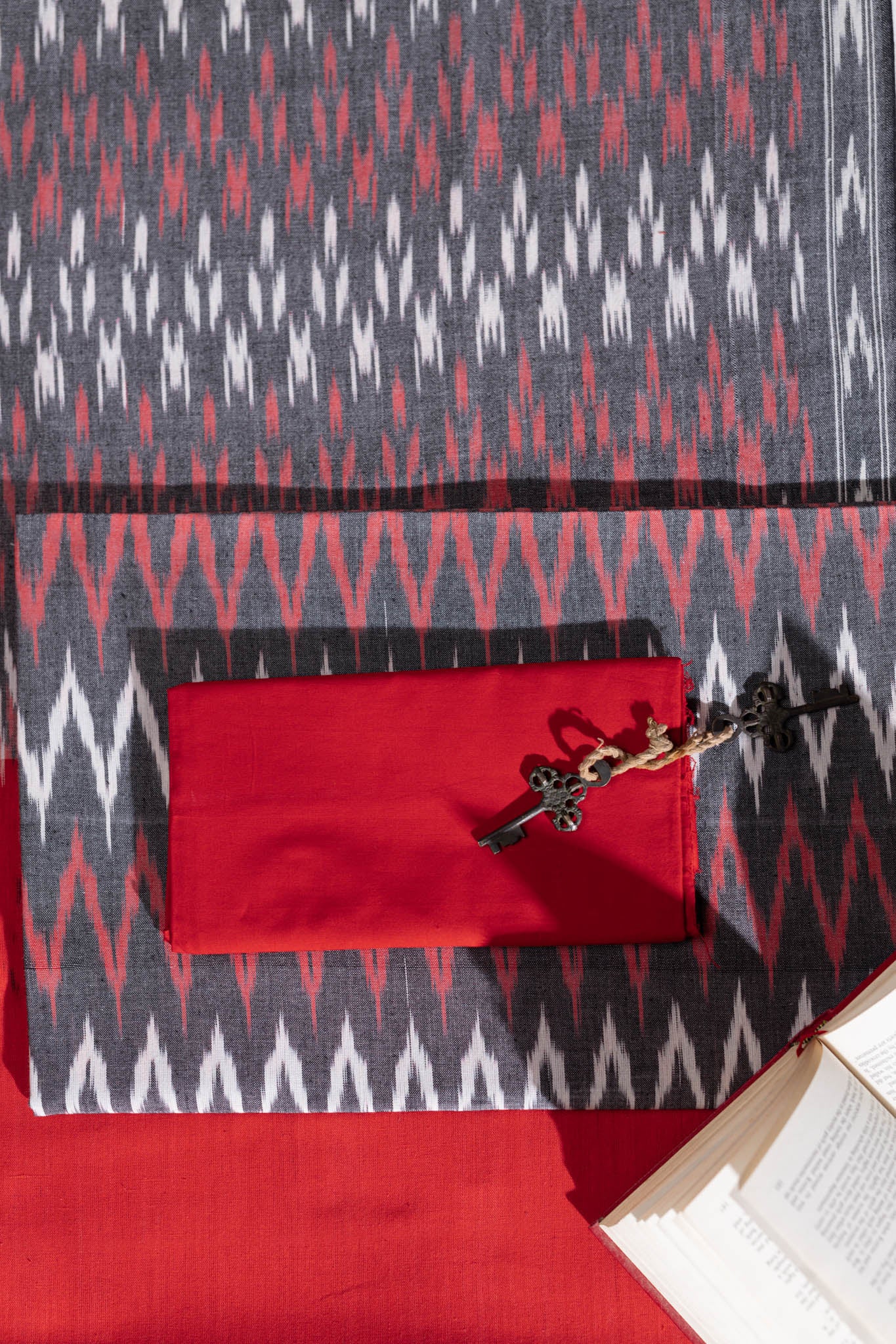 Pure Cotton Ikat Weaved 3 Piece Suit Piece - Grey/Red - Vastra Raag