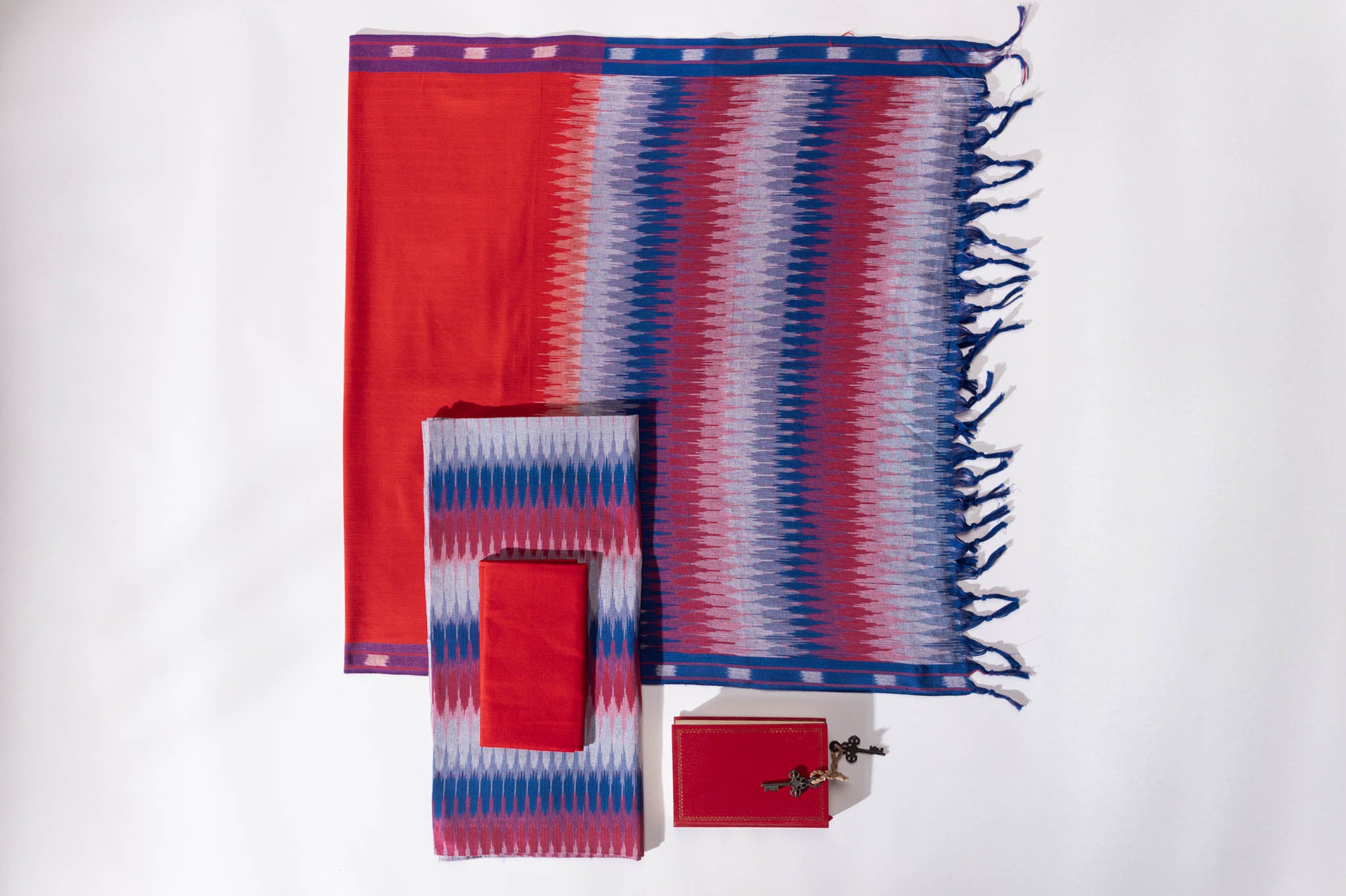 Pure Cotton Ikat Weaved 3 Piece Suit Piece - Blue/Red - Vastra Raag