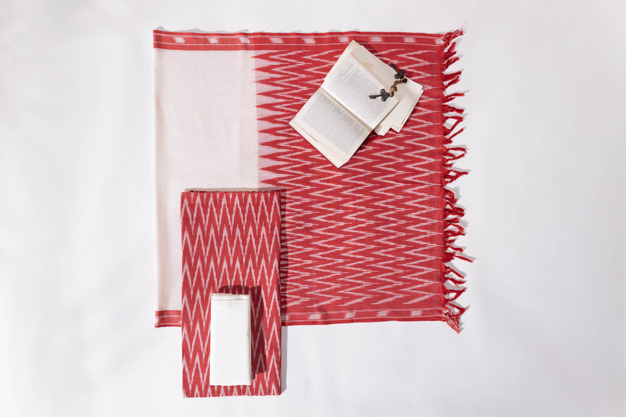 Pure Cotton Ikat Weaved 3 Piece Suit Piece - Red/Ivory - Vastra Raag