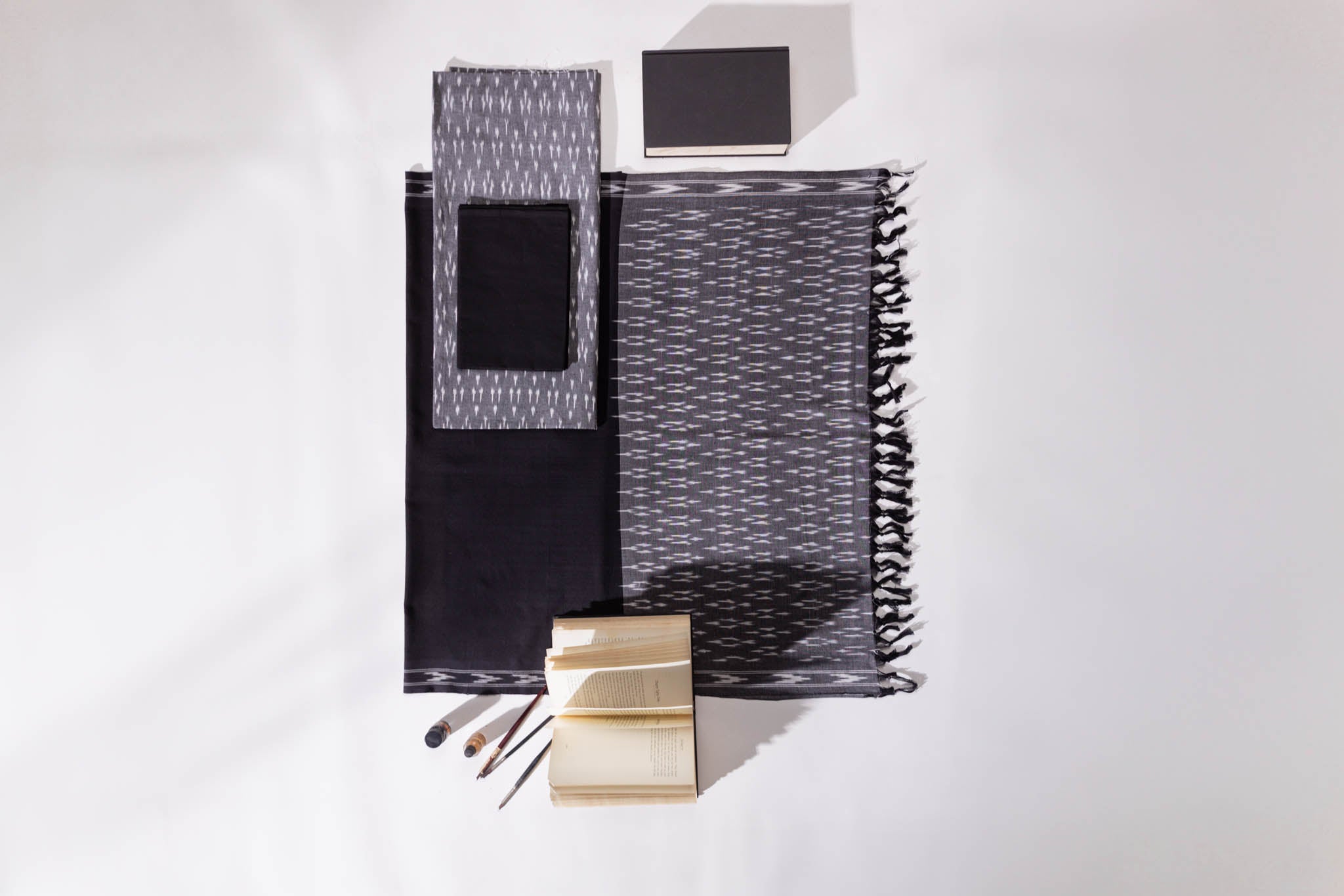 Pure Cotton Ikat Weaved 3 Piece Suit Piece - Grey/Black - Vastra Raag