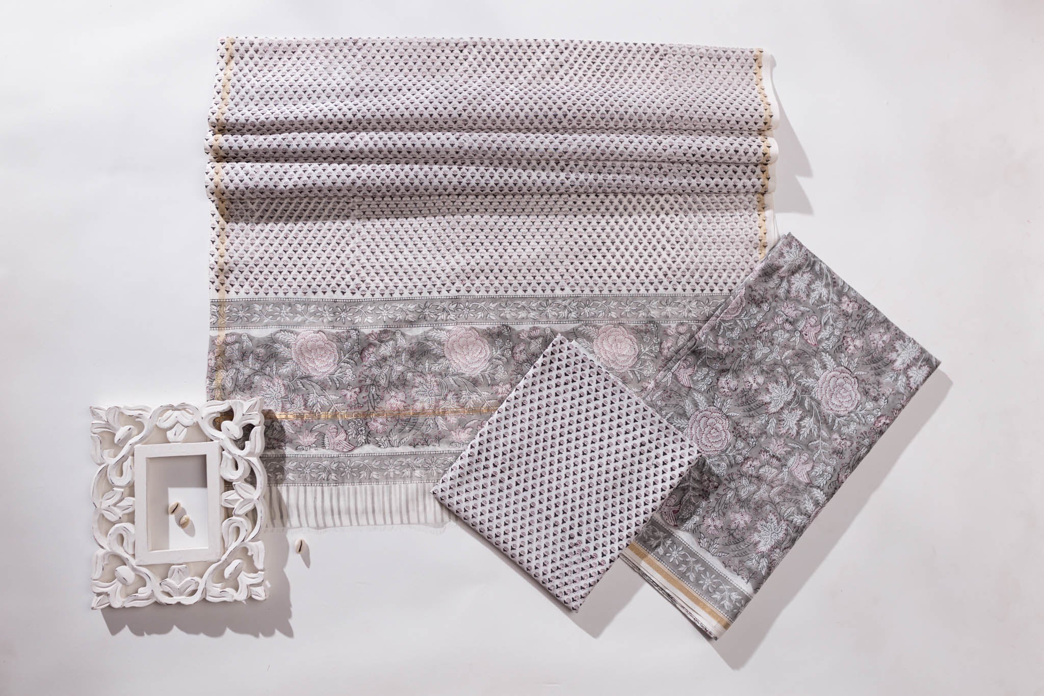 Pure Chanderi Silk Hand Block Printed 3 PC Suit - Grey - Vastra Raag