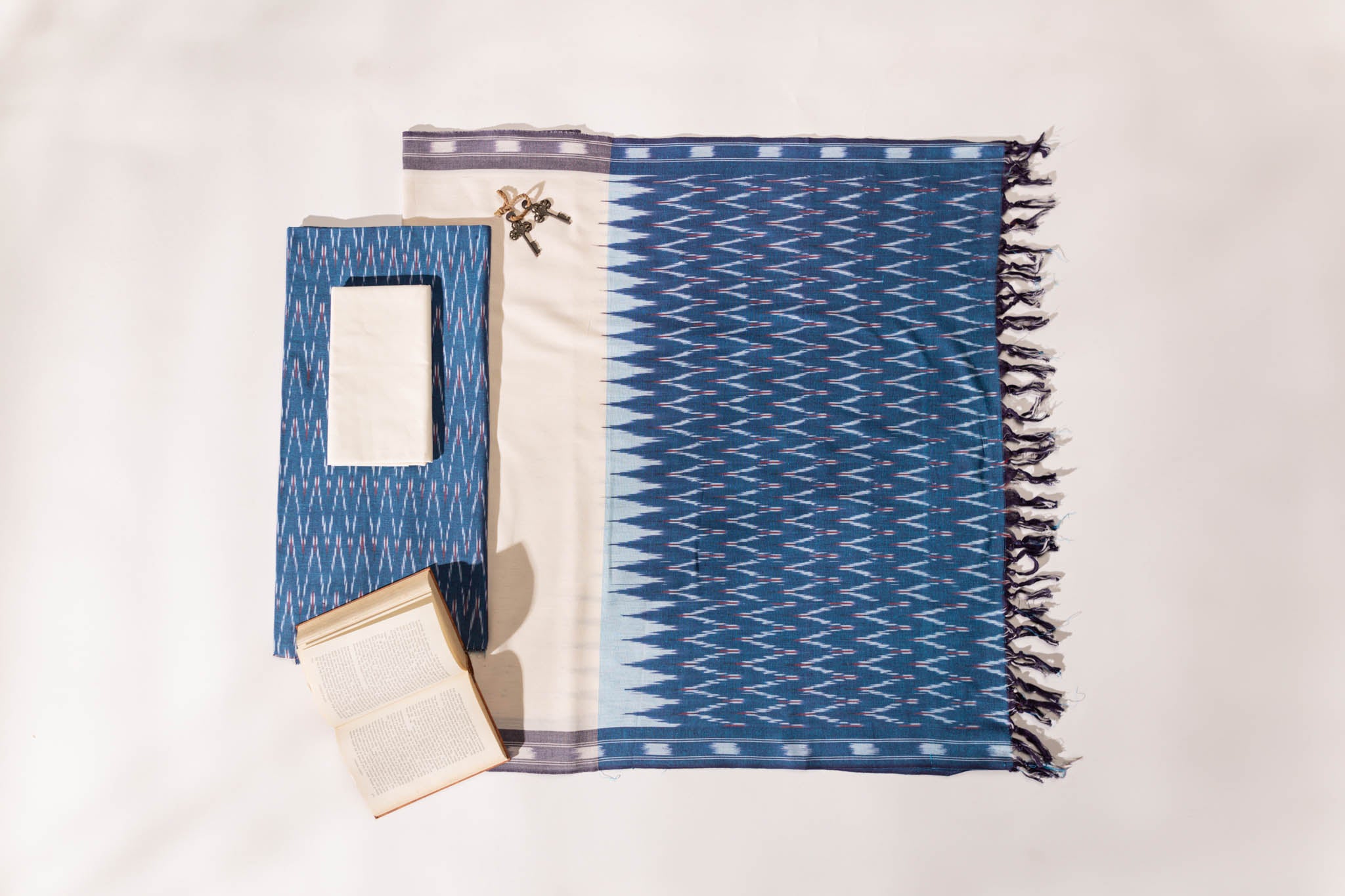 Pure Cotton Ikat Weaved 3 Piece Suit Piece - Teal/Ivory - Vastra Raag