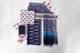 Pure Cotton Ikat Weaved Hand Block Printed 3 PC Suit with Kota Doria Dupatta - Indigo Blue - Vastra Raag