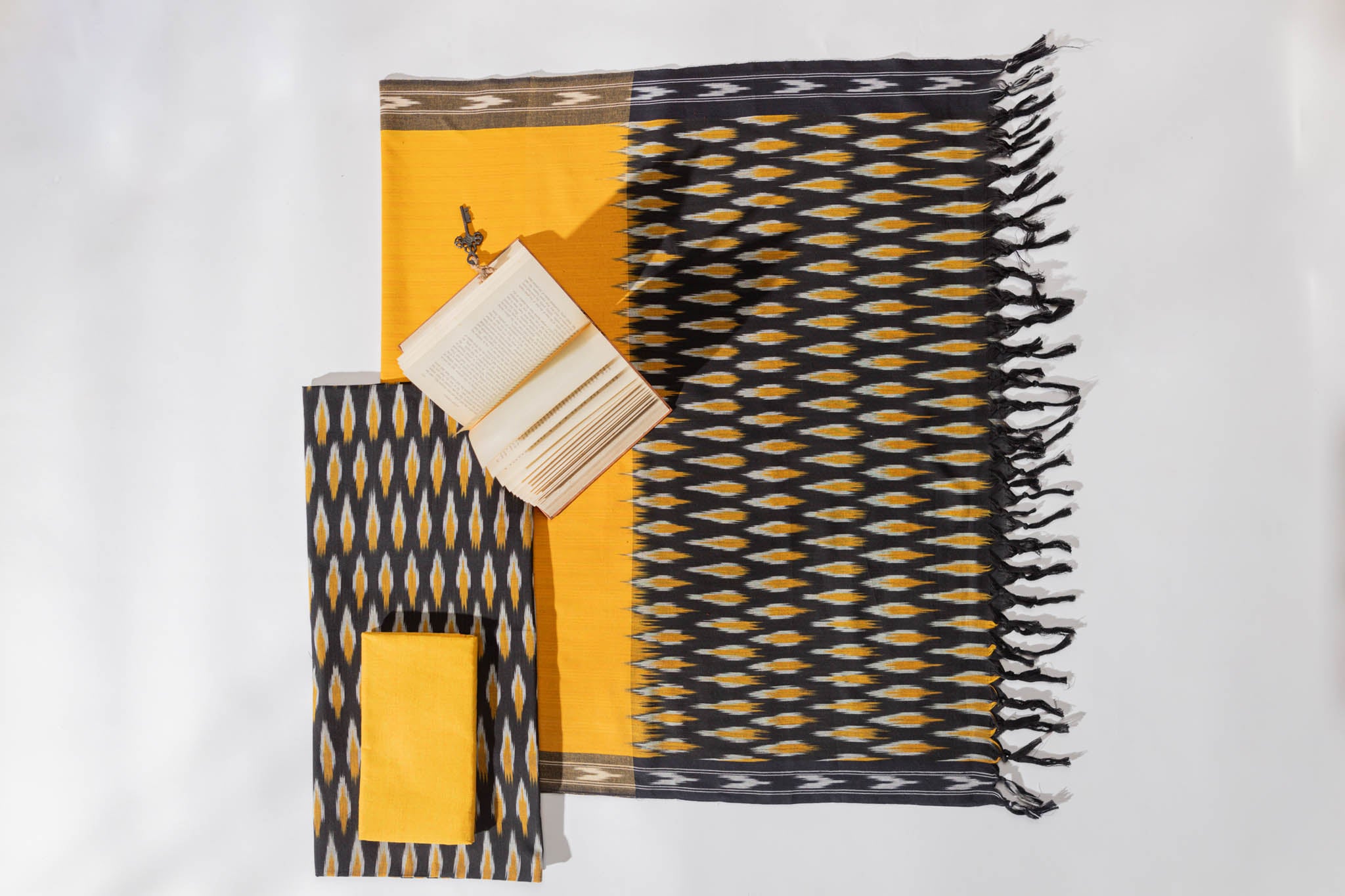 Pure Cotton Ikat Weaved 3 Piece Suit Piece - Black/Yellow - Vastra Raag