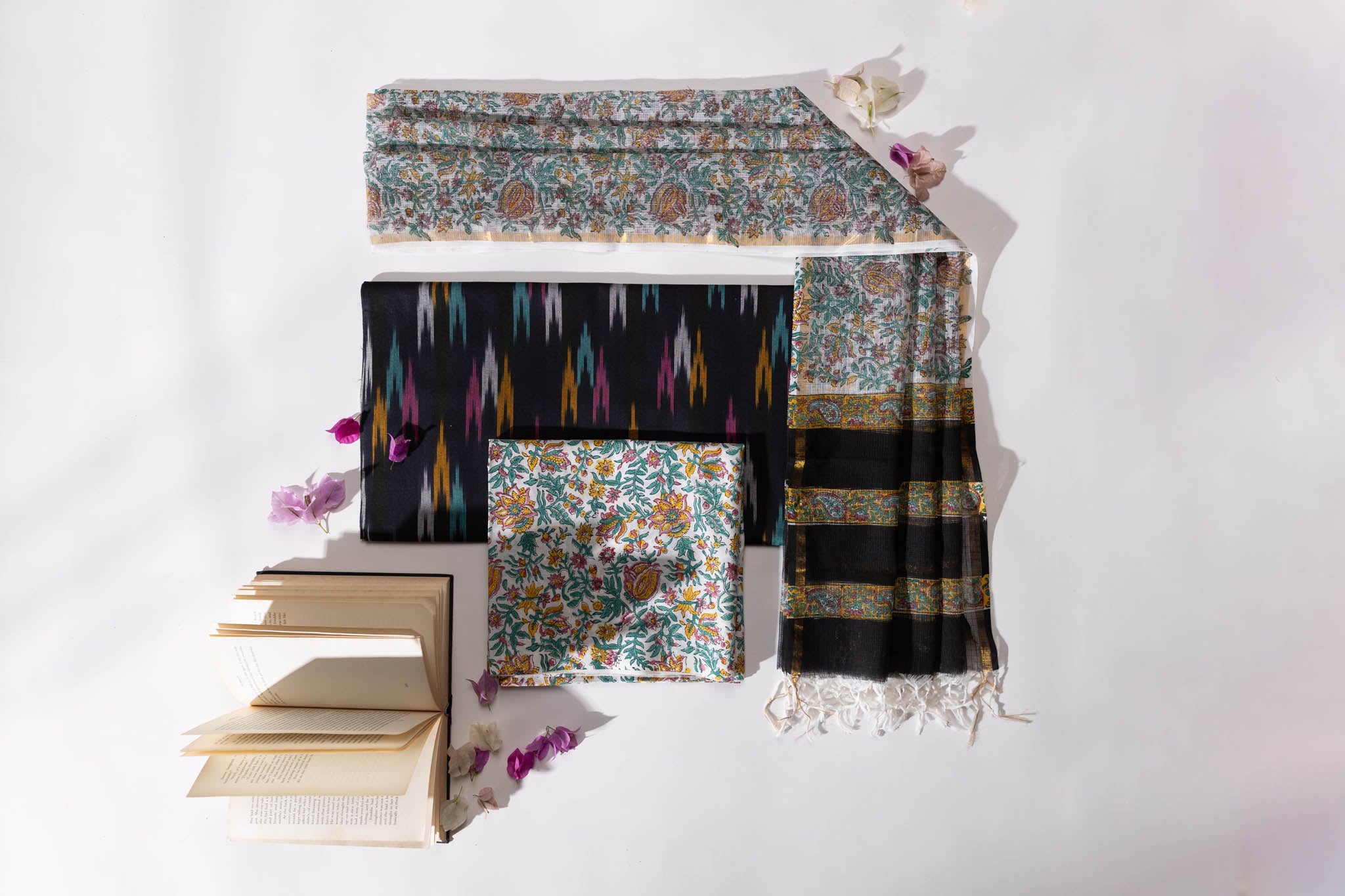 Pure Cotton Ikat Weaved Hand Block Printed 3 PC Suit with Kota Doria Dupatta - Black - Vastra Raag