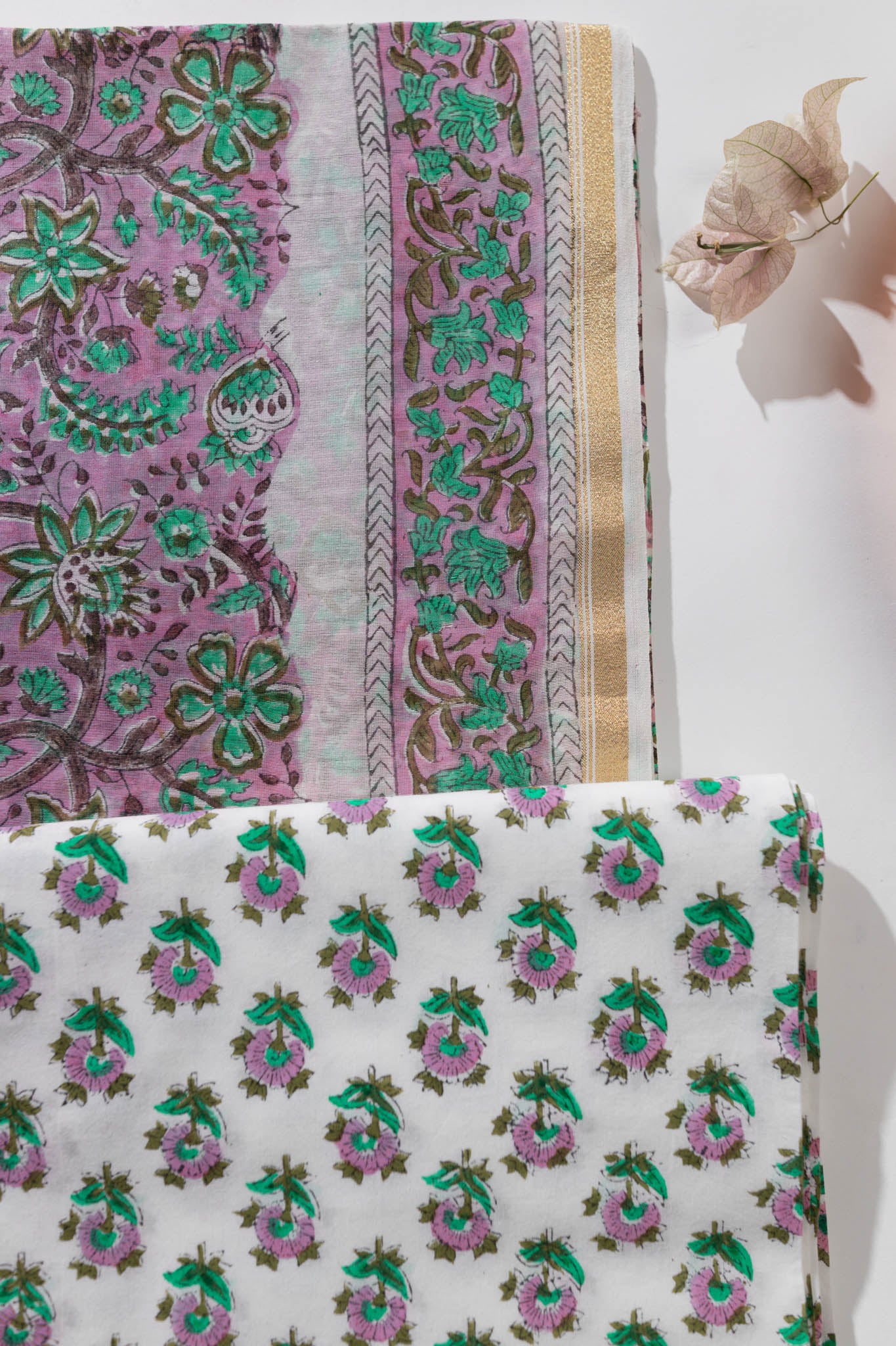 Pure Chanderi Silk Hand Block Printed 3 PC Suit - Pink/Green - Vastra Raag