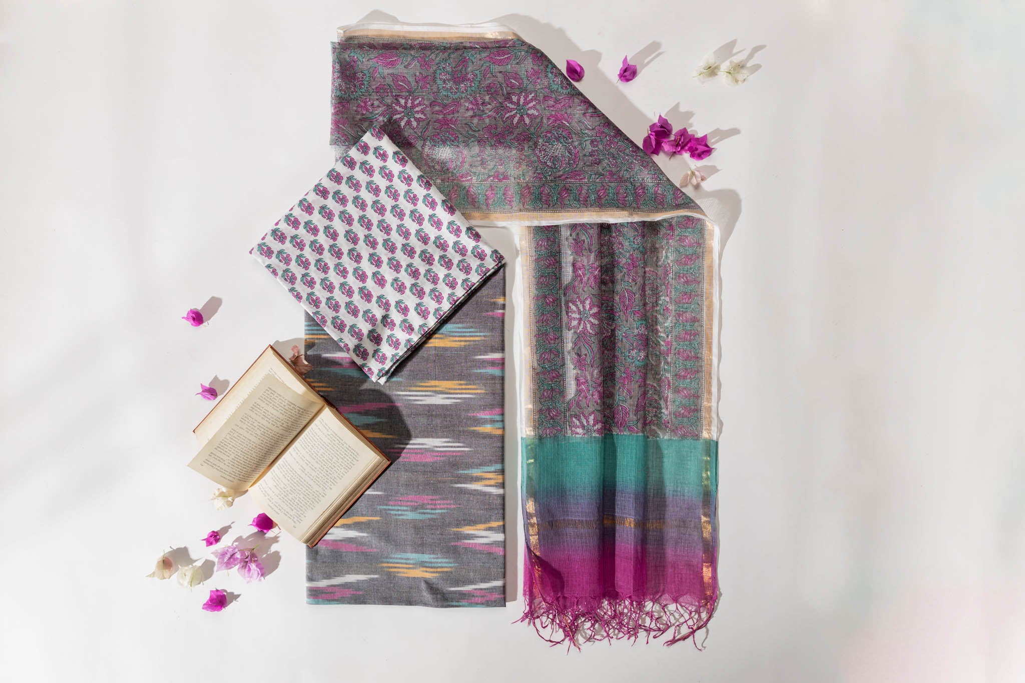 Pure Cotton Ikat Weaved Hand Block Printed 3 PC Suit with Kota Doria Dupatta - Grey - Vastra Raag