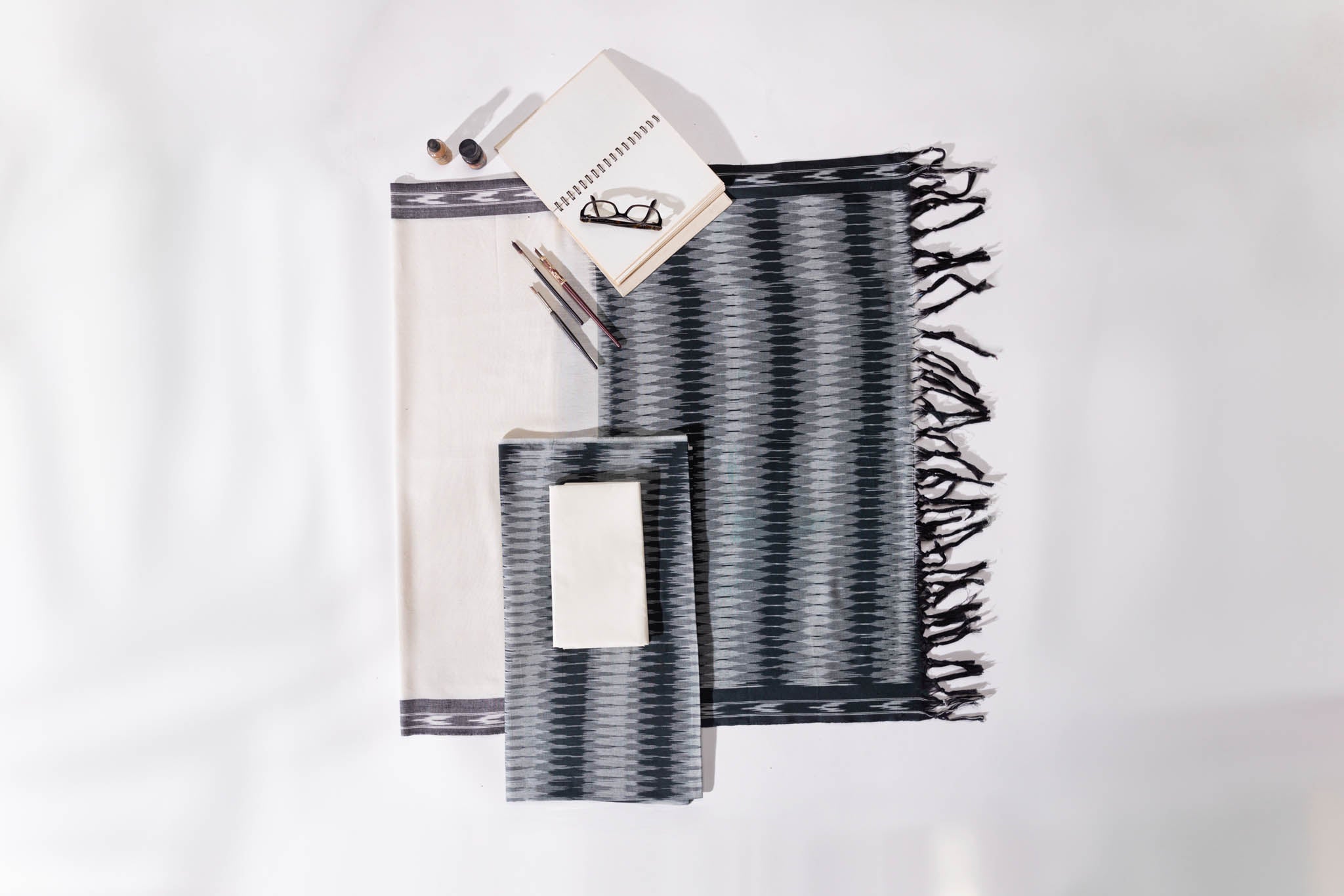 Pure Cotton Ikat Weaved 3 Piece Suit Piece - Grey/Black - Vastra Raag