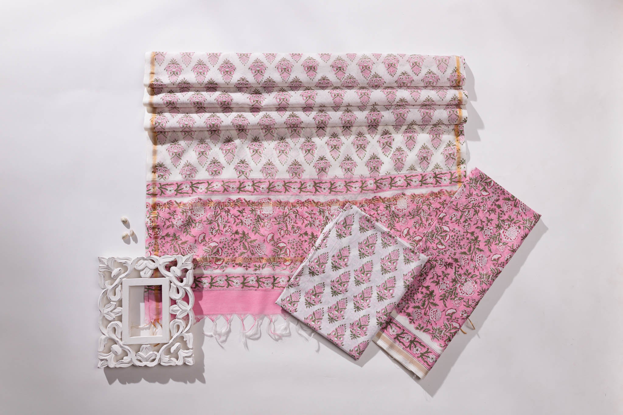 Pure Chanderi Silk Hand Block Printed 3 PC Suit - Pink/Green - Vastra Raag