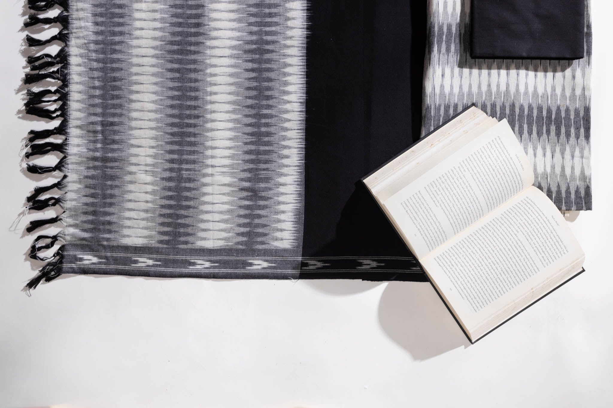 Pure Cotton Ikat Weaved 3 Piece Suit Piece - Grey/Black - Vastra Raag