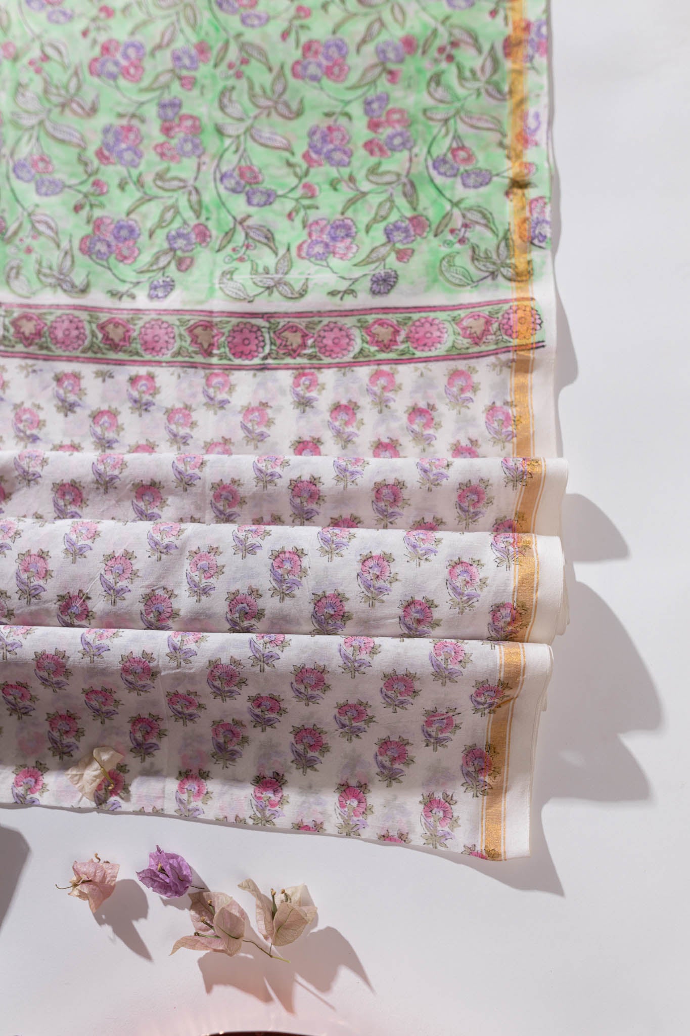 Pure Chanderi Silk Hand Block Printed 3 PC Suit - Green/Pink - Vastra Raag