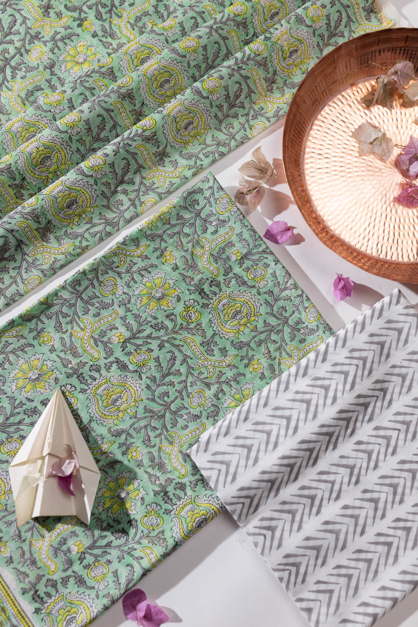 Pure Chanderi Silk Hand Block Printed 3 PC Suit - Green/Yellow - Vastra Raag