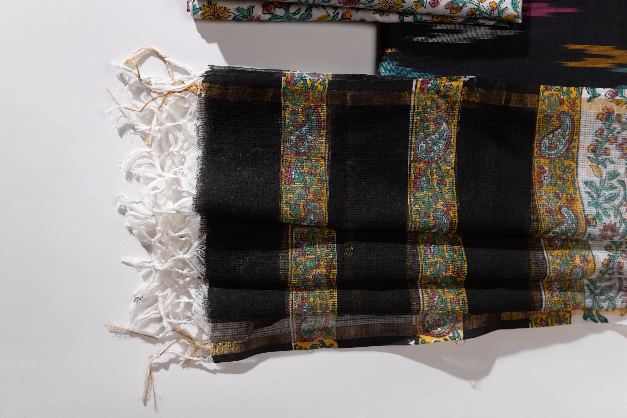 Pure Cotton Ikat Weaved Hand Block Printed 3 PC Suit with Kota Doria Dupatta - Black - Vastra Raag