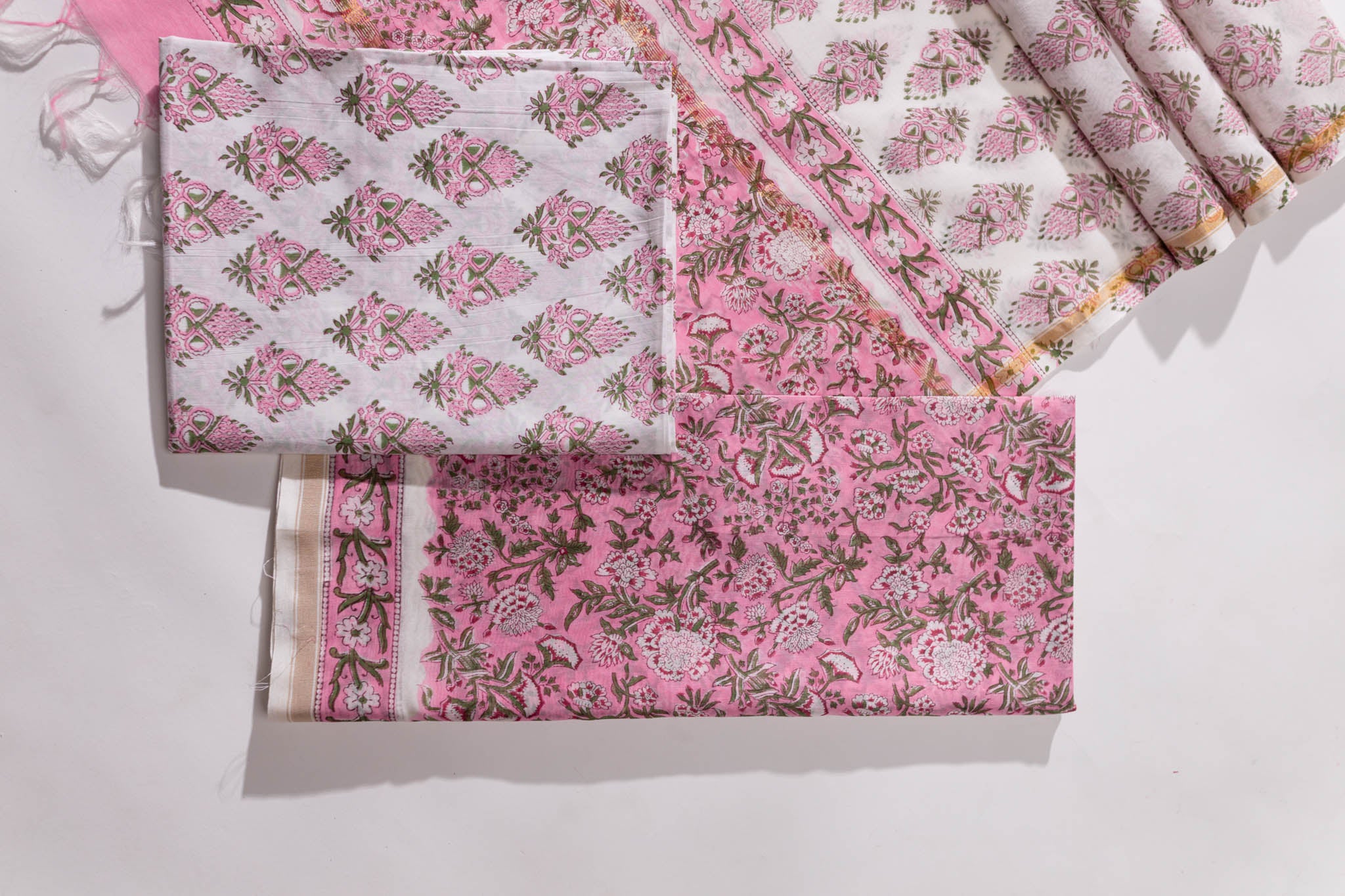 Pure Chanderi Silk Hand Block Printed 3 PC Suit - Pink/Green - Vastra Raag